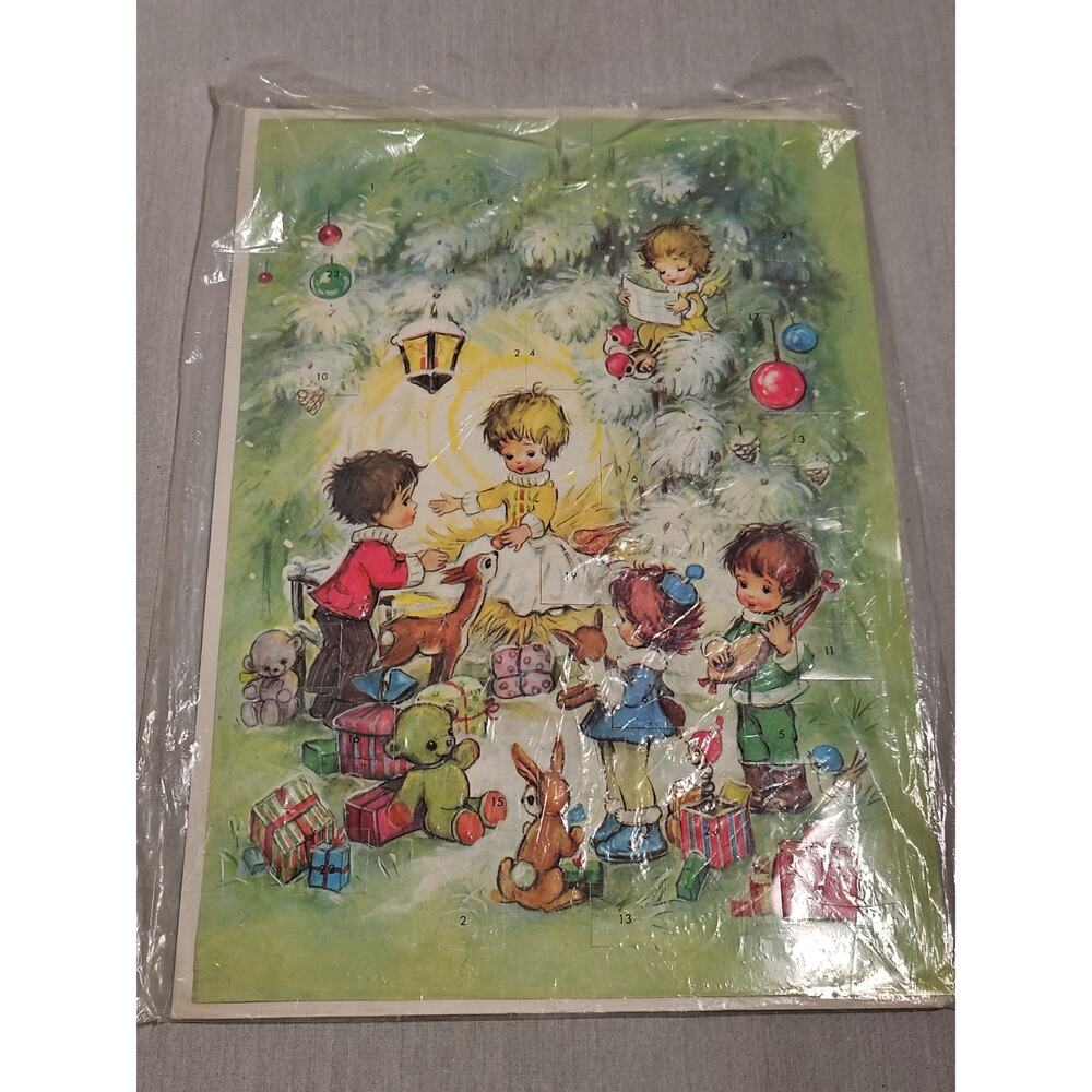 Vintage Advent Calendar Card With Envelope Boy Girls Angel Animals Green